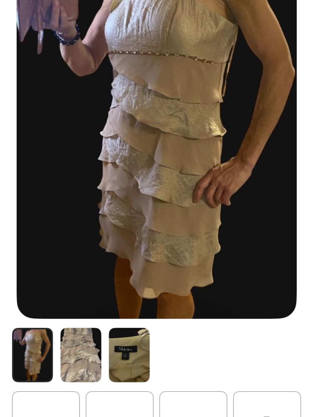 Beige and eMetallic Gold Ruffle Cocktail Dress - Picture 5 of 5
